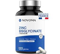 NOVOMA Zinc Bisglycinate 15 mg + Vitamine B6, 120 Gélules, Actif breveté TRAACS®, Immunité & Acné, Fabriqué en France