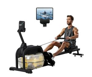 Novonova Rameur Eau d'Appartement Musculation avec Résistance Réglable, Multifonction Écran LCD, Support Tablette, Rameur a Eau Rails Lisses/Siège Confortable, Rameurs Ergonomie Capacité 135KG, Noir