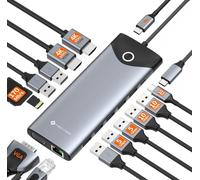 NOVOO Station d'accueil pour ordinateur portable 10 Gbit/s, triple écran, 15 en 1, adaptateur hub USB C avec deux ports HDMI 4K @ 60 Hz, VGA, Gigabit Ethernet, 100 W PD, 7 ports de données USB 1C
