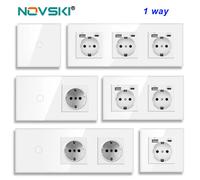 NOVSKI1/2/3 boutons interrupteur de lumière tactile 1 voie interrupteur à capteur Simple type-c prises USB panneau de verre Standard ue rétro-éclairage bleu 10A blanc Triple Socket