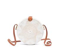 Novum Crafts Round Rattan Bag for Women - Handmade Rattan Straw Bags - Wicker Purse - Boho Bag - White Round Rattan Crossbody Beach Bags
