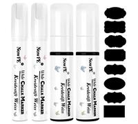 NowPE Feutre Craie Blanc, 2 Pièce Marqueurs Craie 10mm + 2 Pièce Stylo Craie Liquide 15mm + 16 Etiquettes de Tableau, Effacable avec Chiffon Humide ou Sec pour Tableau Noir, Mur, Fenêtre et Verre
