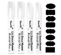 NowPE Feutre Craie Blanc, 2 Pièce Marqueurs Craie 6mm + 2 Pièce Stylo Craie Liquide 10mm + 16 Etiquettes de Tableau, Effacable avec Chiffon Humide ou Sec pour Tableau Noir, Mur, Fenêtre et Verre