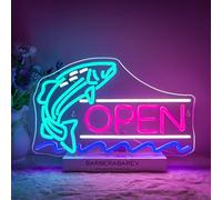 NOXET Fish Shop Open néon signe décoration murale néon ouvert indicateur avec télécommande Open néon signe magasin de poisson supermarché magasin de saumon Open Lighting signe LED néon signe