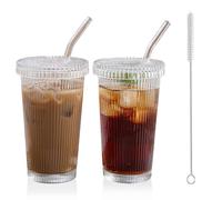 Noxtioanip 2 Pièces Verre à Eau avec Couvercle et Paille, 380 ml Tasse à Jus, Tasses à Café Rayés, Tasses en Verre à Café Glacé, Pour Smoothies, Thé, Cola, Jus de Fruits, Soda, Cafe, Cocktails
