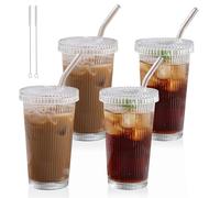 Noxtioanip 4 Pièces Verre à Eau avec Couvercle et Paille, 380 ml Tasse à Jus, Tasses à Café Rayés, Tasses en Verre à Café Glacé, Pour Smoothies, Thé, Cola, Jus de Fruits, Soda, Cafe, Cocktails