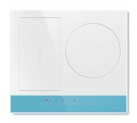 NOXTON Plaque à induction 60 cm avec vitres blanches et panneau de commande bleu, zones flexibles à induction 3 plaques avec curseur, booster, minuterie, sécurité enfants, 220 V-240 V, 6800 W