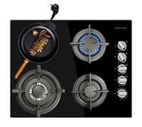 NOXTON Plaque Gaz 4 Feux Encastrable avec Minuterie, Table de Cuisson Gaz en Verre Trempé Noir Table de Cuisson avec Minuterie, Surface en verre poli, Support Wok, avec kit GPL pour NG/GPL, 220~240V