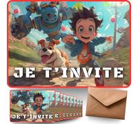 NOZHAM - Cartes d’Invitation Anniversaire Enfant x10 + Enveloppes Imprimées - Thème [Licorne/Chien/Robot] - Format Carte Postale - Papier Premium 350g/m² (Garçon Aventure - JE T'INVITE !)