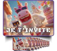 NOZHAM - Cartes d’Invitation Anniversaire Enfant x10 + Enveloppes Imprimées - Thème [Licorne/Chien/Robot] - Format Carte Postale - Papier Premium 350g/m² (Licorne Magique - JE T'INVITE !)