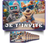 NOZHAM - Cartes d’Invitation Anniversaire Enfant x10 + Enveloppes Imprimées - Thème [Licorne/Chien/Robot] - Format Carte Postale - Papier Premium 350g/m² (Chien Robot - JE T'INVITE !)