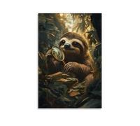 NPEJLCIGH Art Animals - Un comptable paresseux comptant lentement l'argent avec une loupe dans une banque de jungle - Décoration murale artistique moderne à suspendre - 30 x 45 cm