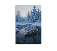 NPEJLCIGH Décoration murale moderne à suspendre avec un renard argenté sur le lac gelé, sa queue balayant des cristaux de glace, avec une forêt de rime sur la rive opposée - Impression murale