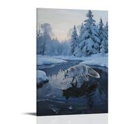 NPEJLCIGH Décoration murale moderne à suspendre avec un renard argenté sur le lac gelé, sa queue balayant des cristaux de glace, avec une forêt de rime sur la rive opposée - Impression murale