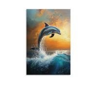 NPEJLCIGH Peinture à l'huile animale - Danse gracieuse des dauphins - Mammifères marins ludiques sautant à travers les vagues turquoise au coucher du soleil - Décoration murale artistique moderne à