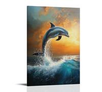 NPEJLCIGH Peinture à l'huile animale - Danse gracieuse des dauphins - Mammifères marins ludiques sautant à travers les vagues turquoise au coucher du soleil - Décoration murale artistique moderne à