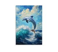NPEJLCIGH Peinture à l'huile animale - Dauphin gracieux dansant - Un dauphin ludique sautant à travers des vagues turquoise sous un ciel bleu éclatant - Décoration murale artistique moderne à