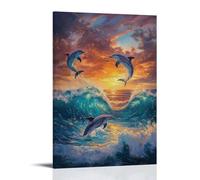 NPEJLCIGH Peinture à l'huile animale - Dauphins ludiques dansant dans des vagues de l'océan turquoise au coucher du soleil - Décoration murale moderne à suspendre - Impression murale artistique 30 x