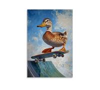 NPEJLCIGH Peinture à l'huile animale d'un canard qui coule sur une rampe de skate avec fond bleu poudré - Décoration murale artistique moderne à suspendre - 40 x 60 cm