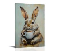 NPEJLCIGH Peinture à l'huile animale d'un lapin se blottissant avec du café et des dessins animés, encadrée par un fond doux comme du beurre. Décoration murale moderne à suspendre - Impression murale