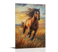 NPEJLCIGH Peinture à l'huile animale - Étalon fier galopant sur la prairie du coucher de soleil avec crinière soufflée par le vent - Décoration murale moderne à suspendre - Impression murale