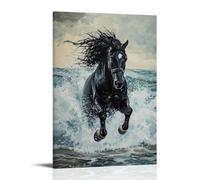 NPEJLCIGH Peinture à l'huile animale - Étalon noir puissant galopant à travers les vagues de l'océan avec des reflets spectaculaires de l'écume de mer Décoration murale moderne à suspendre