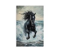 NPEJLCIGH Peinture à l'huile animale - Étalon noir puissant galopant à travers les vagues de l'océan avec des reflets spectaculaires de l'écume de mer Décoration murale moderne à suspendre
