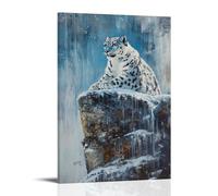 NPEJLCIGH Peinture à l'huile animale - Léopard mystique des neiges perché sur une falaise de montagne, tons bleu glacial et détails de fourrure texturés - Décoration murale moderne à suspendre