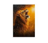 NPEJLCIGH Peinture à l'huile animale - Lion majestueux dans la lumière de la savane dorée, rugissant avec puissance et grâce sous le soleil couchant, décoration murale moderne à suspendre - Impression