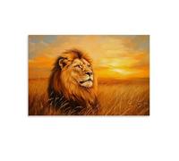NPEJLCIGH Peinture à l'huile animale - Lion majestueux dans la savane dorée - Portrait royal du roi des bêtes dans des teintes chaudes du coucher de soleil - Décoration murale moderne à suspendre