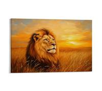NPEJLCIGH Peinture à l'huile animale - Lion majestueux dans la savane dorée - Portrait royal du roi des bêtes dans des teintes chaudes du coucher de soleil - Décoration murale moderne à suspendre