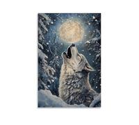NPEJLCIGH Peinture à l'huile animale - Loup mystique hurlant sous un paysage de forêt enneigée au clair de lune - Décoration murale artistique 30 x 45 cm