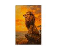 NPEJLCIGH Peinture à l'huile animale - Majestueux Roi Lion surveillant son domaine de savane dorée au coucher du soleil avec crinière qui coule - Décoration murale artistique moderne à suspendre