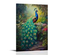 NPEJLCIGH Peinture à l'huile animale - Paon coloré affichant des plumes irisées dans un jardin luxuriant Décoration murale moderne à suspendre - Impression murale artistique 50 x 75 cm