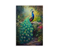 NPEJLCIGH Peinture à l'huile animale - Paon coloré affichant des plumes irisées dans un jardin luxuriant - Décoration murale moderne à suspendre - Impression murale artistique 20 x 30 cm