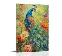 NPEJLCIGH Peinture à l'huile animale - Paon coloré affichant des plumes vibrantes dans un jardin luxuriant avec des fleurs en fleurs - Décoration murale artistique moderne à suspendre - Impression