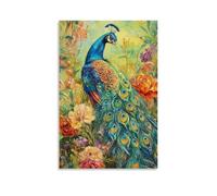 NPEJLCIGH Peinture à l'huile animale - Paon coloré affichant des plumes vibrantes dans un jardin luxuriant avec des fleurs en fleurs - Décoration murale moderne à suspendre - Impression murale
