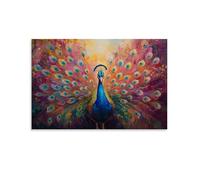 NPEJLCIGH Peinture à l'huile animale - Paon coloré affichant des plumes vives dans un jardin enchanté Décoration murale moderne à suspendre - Impression murale artistique 40 x 60 cm