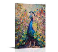 NPEJLCIGH Peinture à l'huile animale - Paon coloré affichant des plumes vives dans un jardin ensoleillé - Décoration murale moderne à suspendre - Impression murale artistique 20 x 30 cm