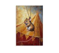 NPEJLCIGH Peinture à l'huile animale - Une souris chevauchant une tyrolienne dans une tente de cirque avec une bannière traînant derrière une décoration murale moderne à suspendre - Impression murale