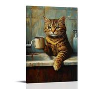NPEJLCIGH Peinture à l'huile d'un chat appuyé froidement contre un évier, tenant une petite tasse de café torréfié foncé Décoration murale moderne à suspendre - Impression murale artistique 30 x 45 cm