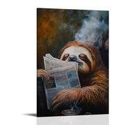 NPEJLCIGH Peinture à l'huile d'un paresseux endormi avec un journal non lu drapé sur son visage, vapeur qui monte du café à proximité. Décoration murale moderne à suspendre - Impression murale