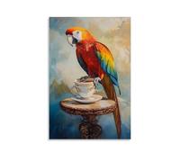 NPEJLCIGH Peinture à l'huile d'un perroquet debout au sommet d'une petite table, sirotant un expresso du matin avec des plumes fièrement pelucheuses. Décoration murale moderne à suspendre - Impression