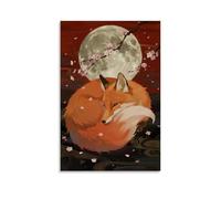 NPEJLCIGH Un renard à neuf queues s'enroule sous la pleine lune, sa queue duveteuse brille légèrement, avec des fleurs de cerisier flottant autour de la décoration murale moderne à suspendre