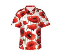 NPOREJKNGF Chemise hawaïenne à motif de coquelicot rouge - Impression sur un seul côté, tissu polyester ultra doux, manches courtes boutonnée pour hommes et adolescents, Noir , L