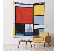 NPOREJKNGF Composition en rouge, jaune, bleu et noir, 152,4 x 129,5 cm, tapisserie murale décorative en polyester doux, couverture à suspendre pour chambre, dortoir, porche, plage, pique-nique, art