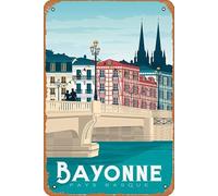 NPRZM Plaque en métal vintage Bayonne Pays Basque vers la France Voyage Plaques en étain vintage drôle Bar Club Cave Maison Cuisine Décoration murale Art rustique Signe 15x30cm