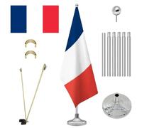 NQ 2.4M Ensemble Mât et Socle pour Drapeau d'intérieur, Kit Mât de Drapeau en Acier Inoxydable avec Drapeau Français, pour Bureau, Salle de Réunion, Hall et École (Argenté)