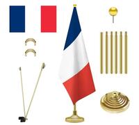 NQ 2.4M Ensemble Mât et Socle pour Drapeau d'intérieur, Kit Mât de Drapeau en Acier Inoxydable avec Drapeau Français, pour Bureau, Salle de Réunion, Hall et École (Doré)