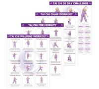 NQEUEPN 4 Pièces Tableau d'Exercice Tai Chi, Affiches d'Exercice Tai Chi | 25,4x20,3cm Imperméable Chaise Tai Chi Marche Guide Mobilité et de Fitness avec Affiche Défi 30 Jours pour Seniors Débutants